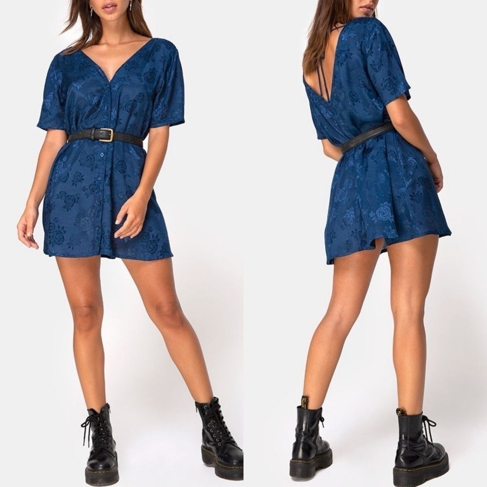 NWT Motel Rocks Crosena Dress In Satin Rose Navy Sz XS